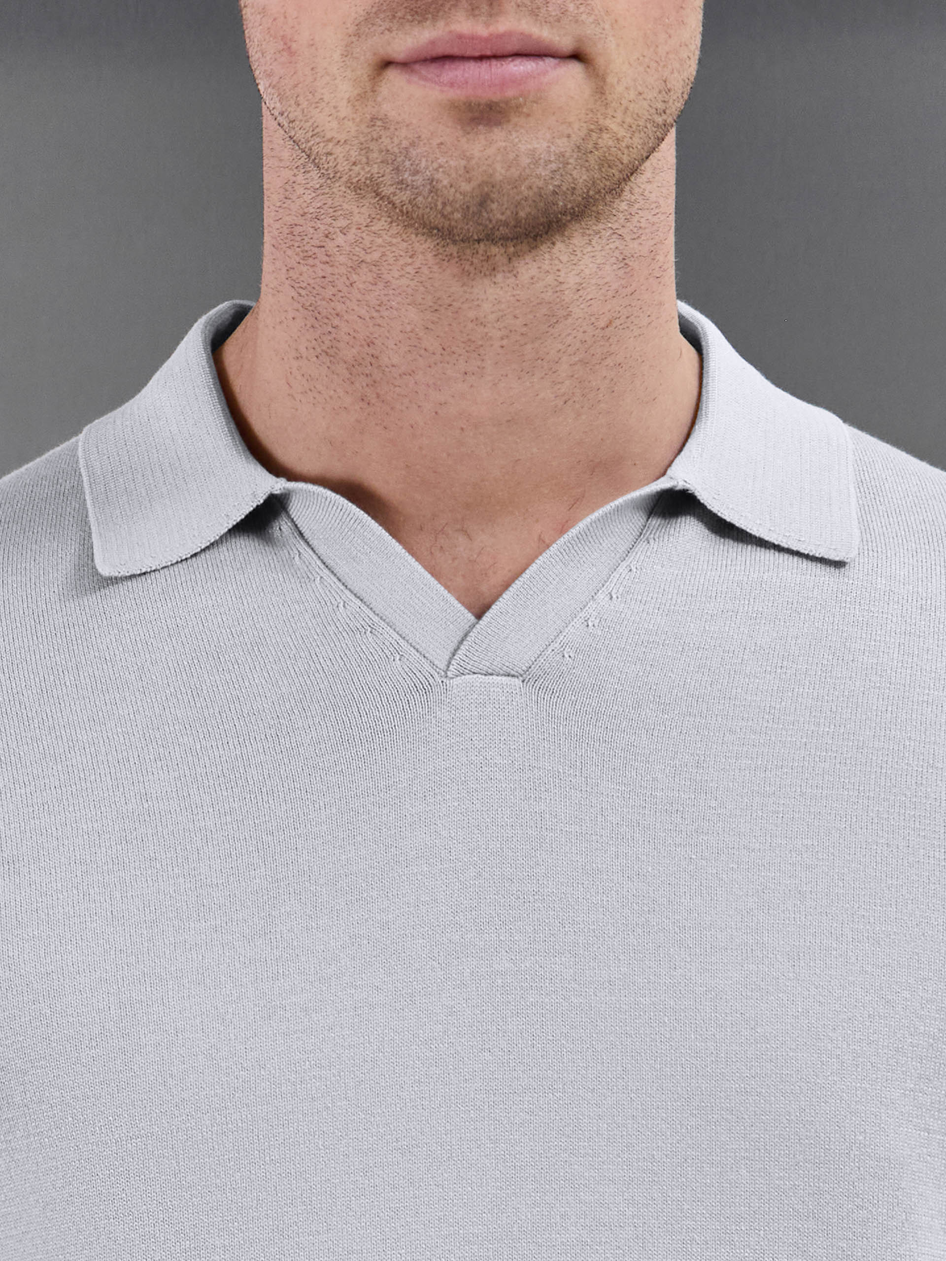 Cotton Knitted Revere Collar Polo Shirt in Stone