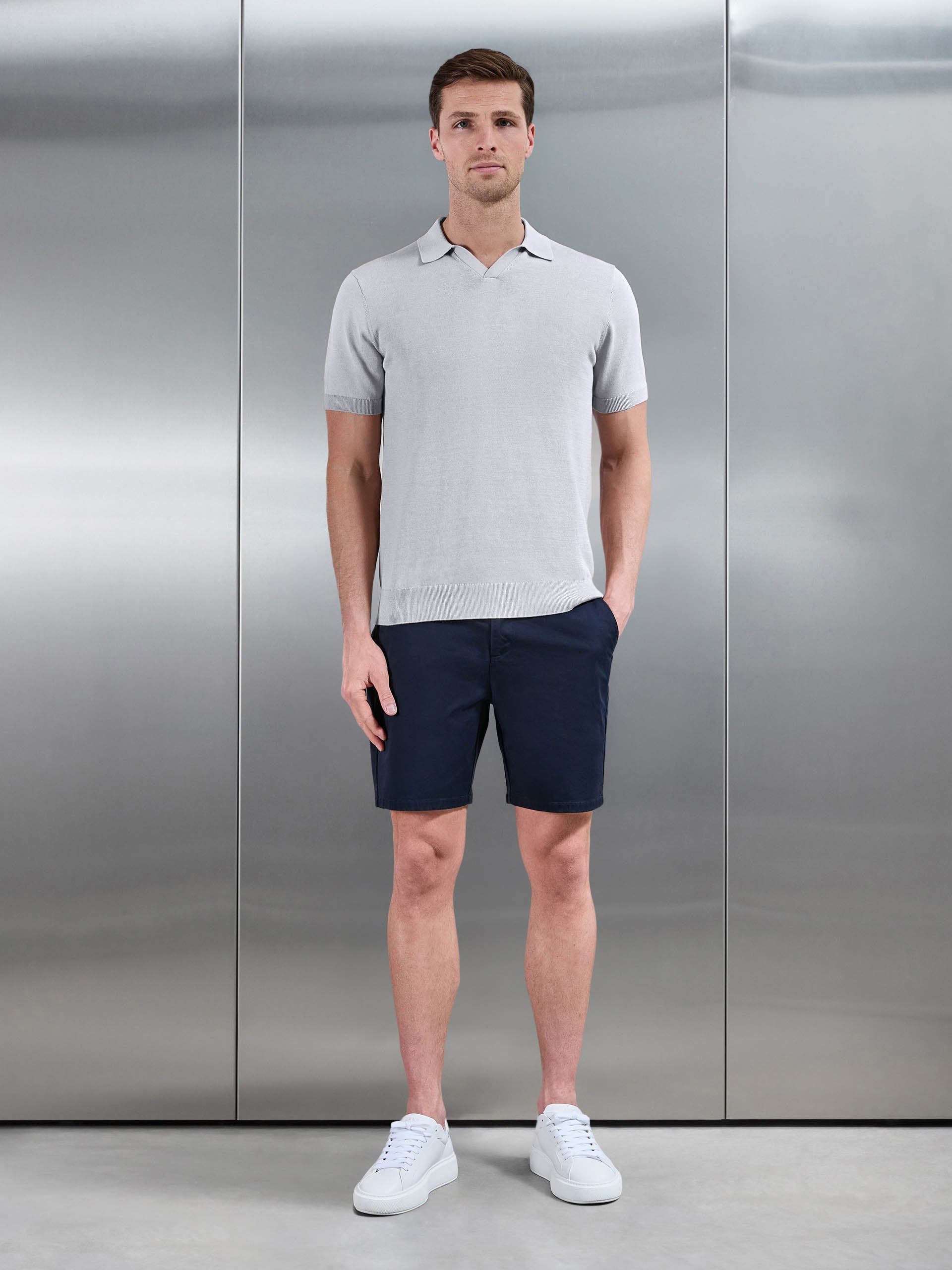 Cotton Knitted Revere Collar Polo Shirt in Stone