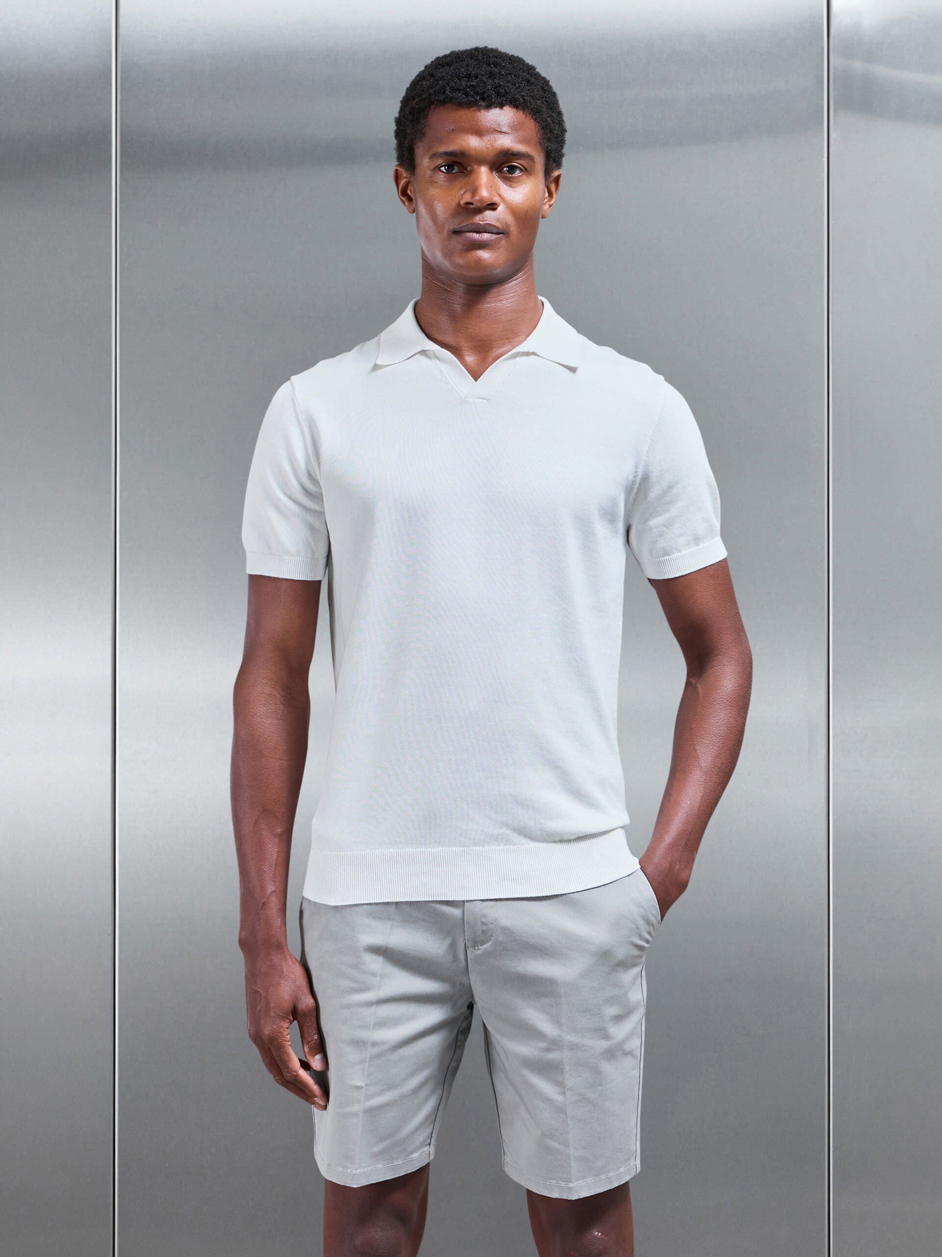 Cotton Knitted Revere Collar Polo Shirt in White