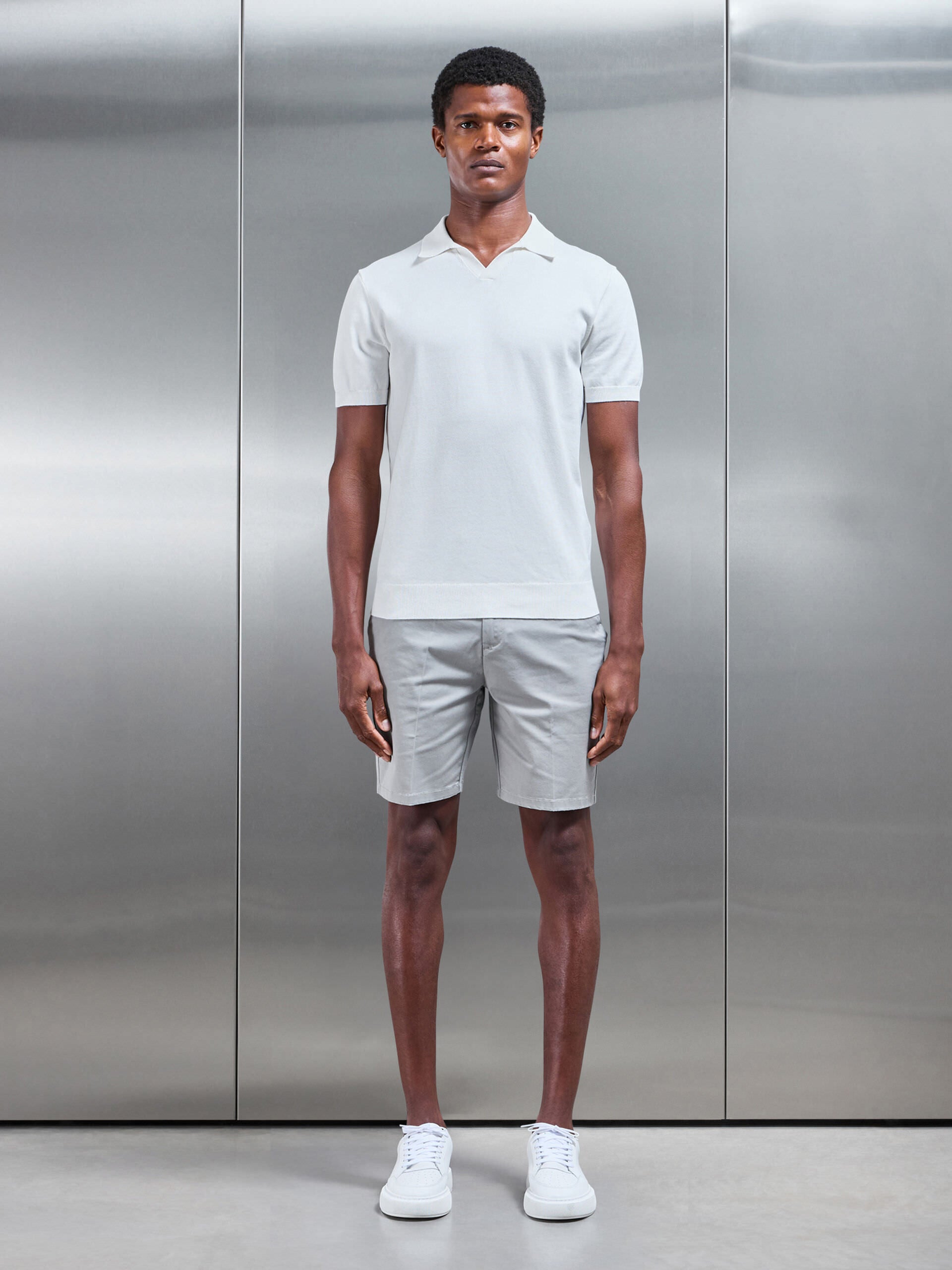 Cotton Knitted Revere Collar Polo Shirt in White