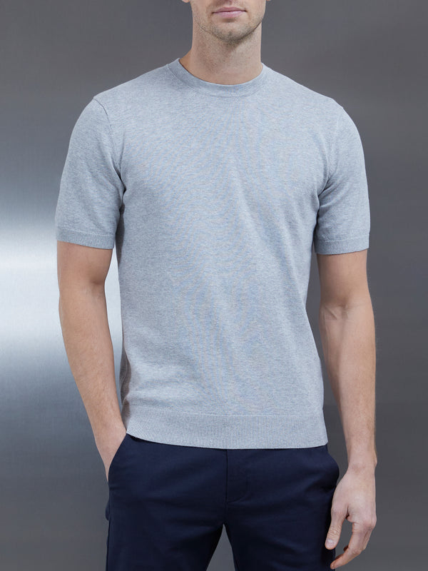 Cotton Knitted T-Shirt in Marl Grey
