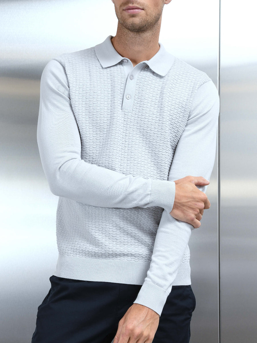 Cotton Knitted Long Sleeve Textured Button Polo Shirt in Mid Grey