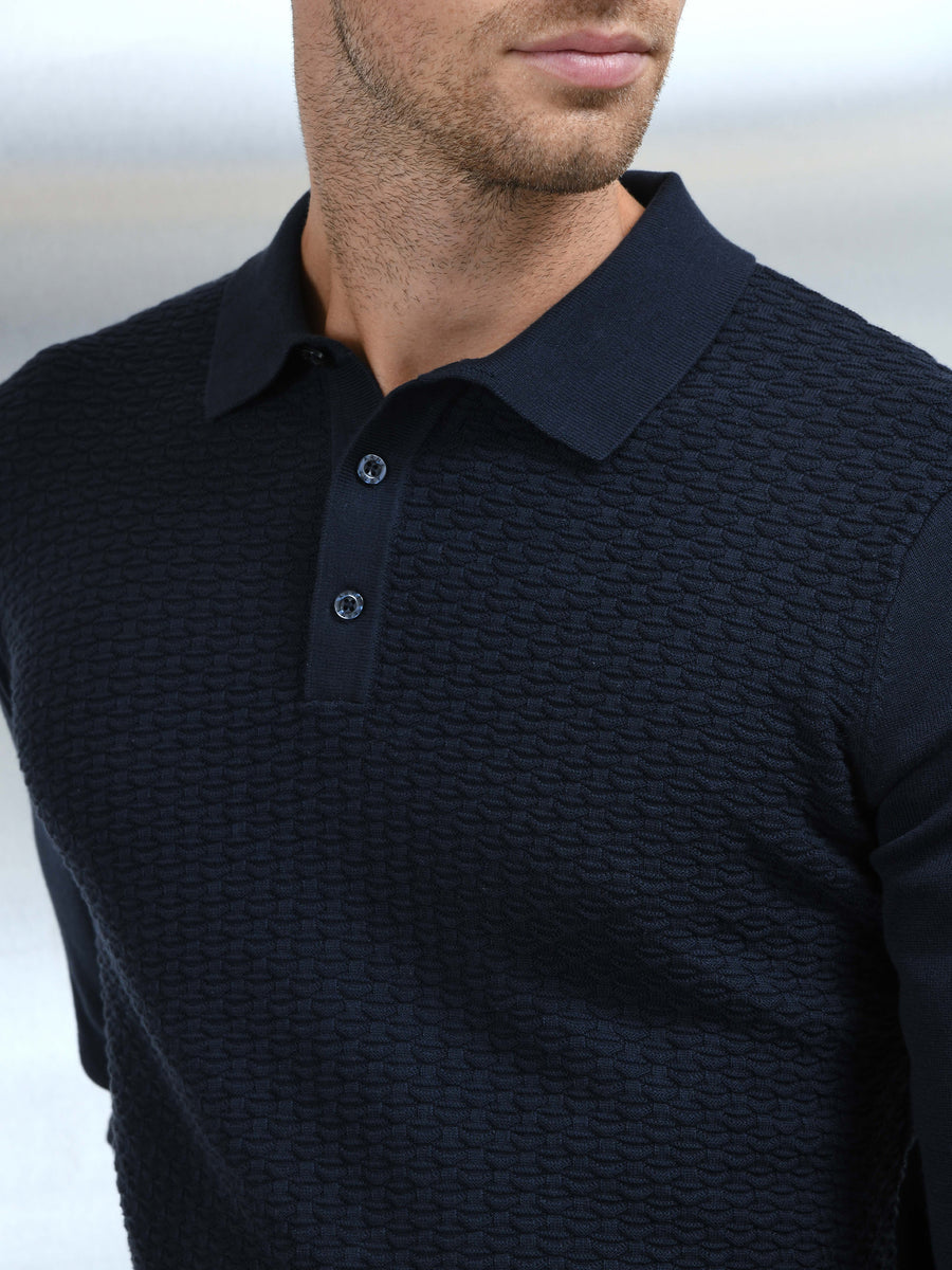 Cotton Knitted Long Sleeve Textured Button Polo Shirt in Navy