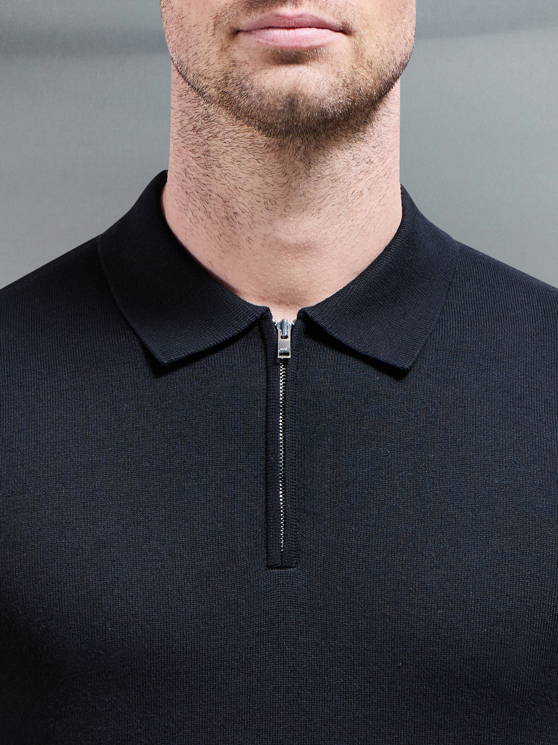 Cotton Knitted Zip Polo Shirt in Black