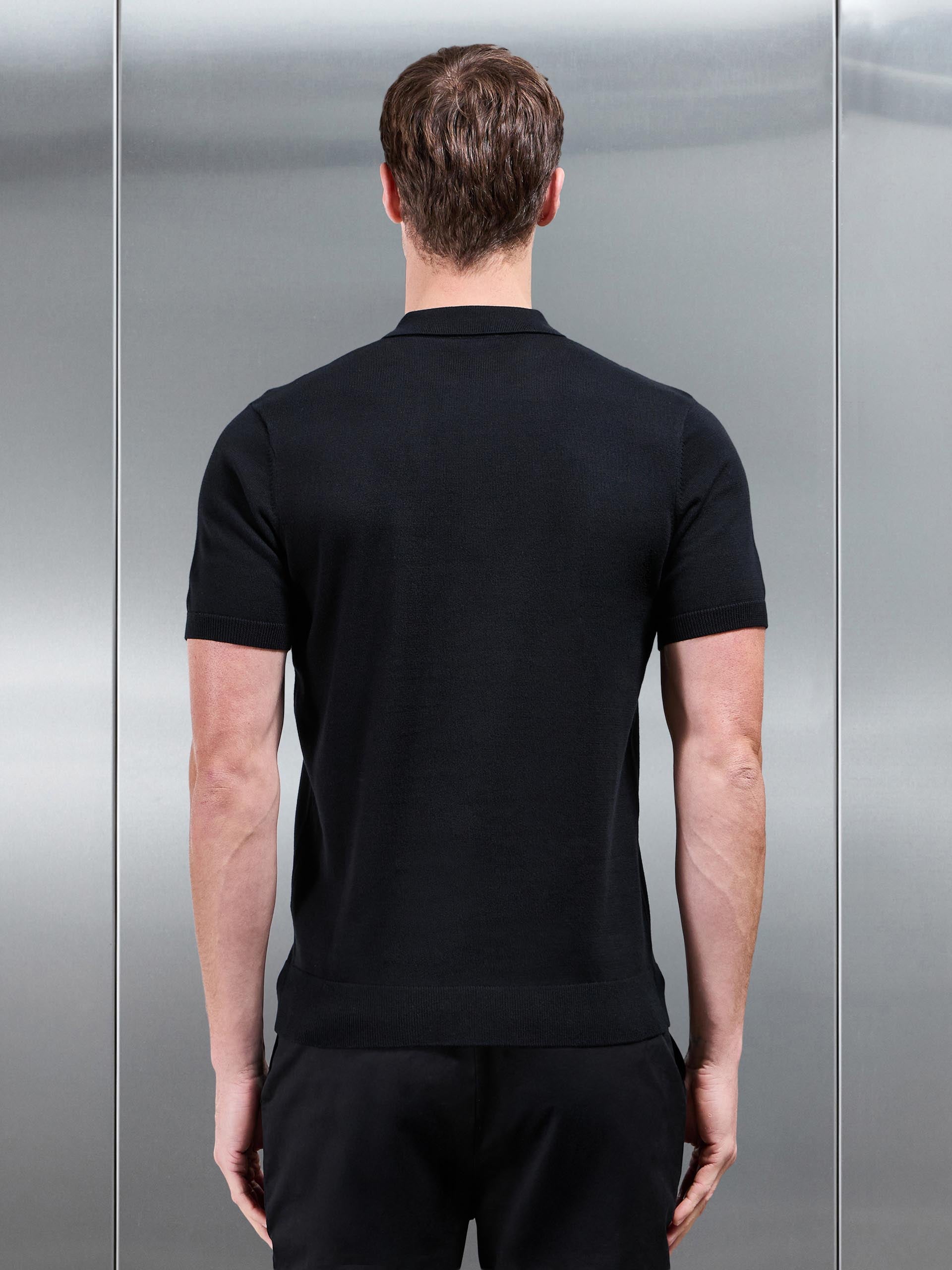 Cotton Knitted Zip Polo Shirt in Black