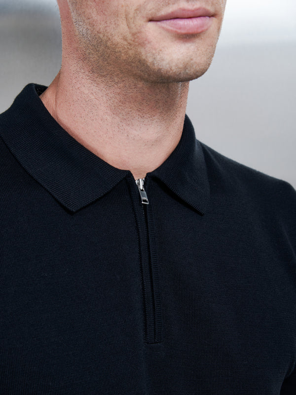 Cotton Knitted Zip Polo Shirt in Black