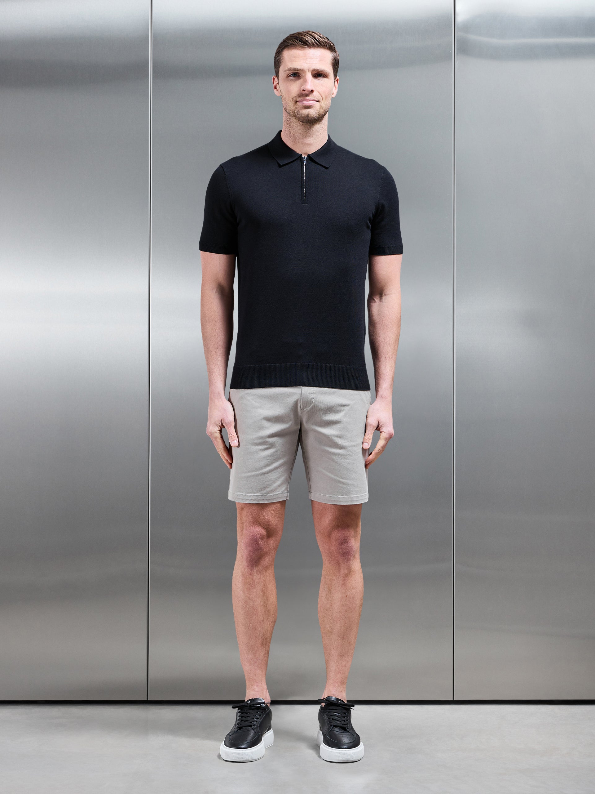 Cotton Knitted Zip Polo Shirt in Black
