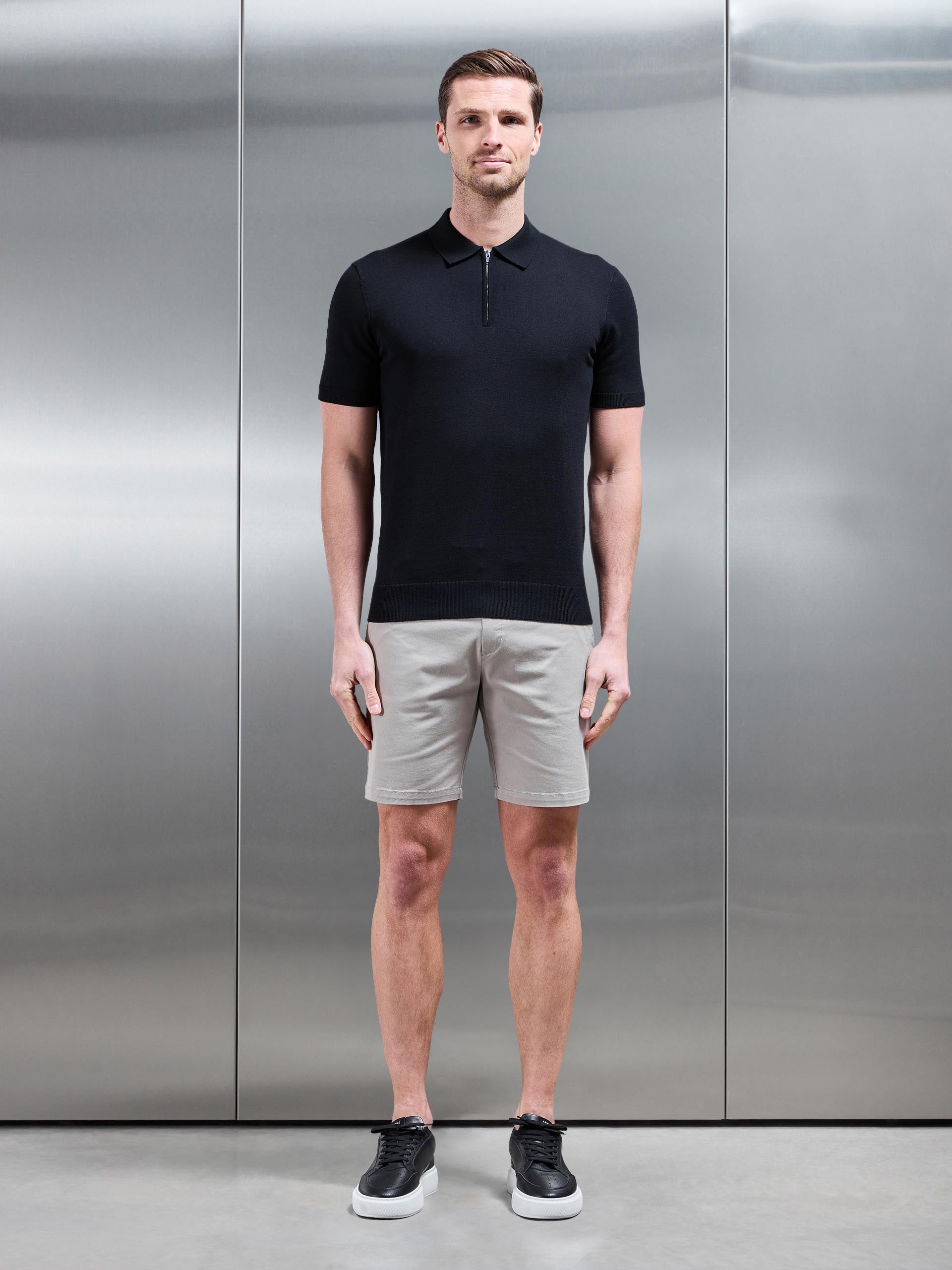Cotton Knitted Zip Polo Shirt in Black
