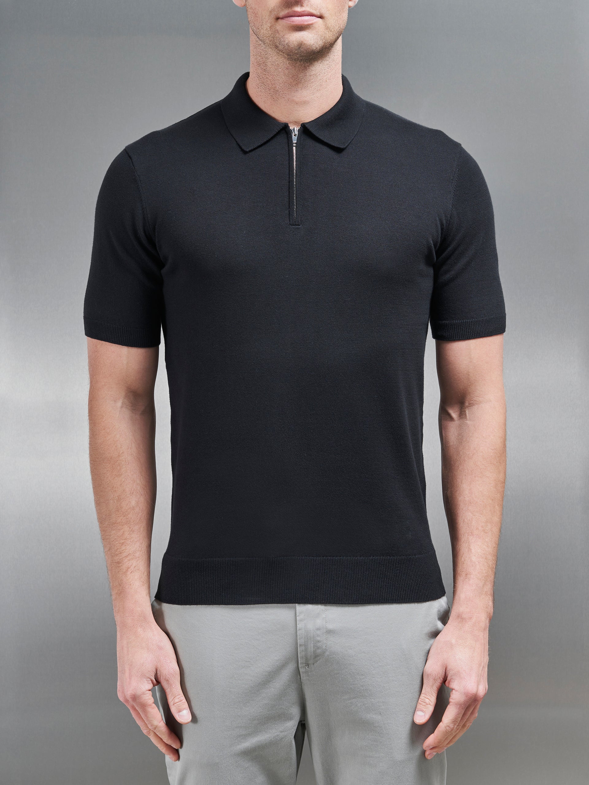 Cotton Knitted Zip Polo Shirt in Black