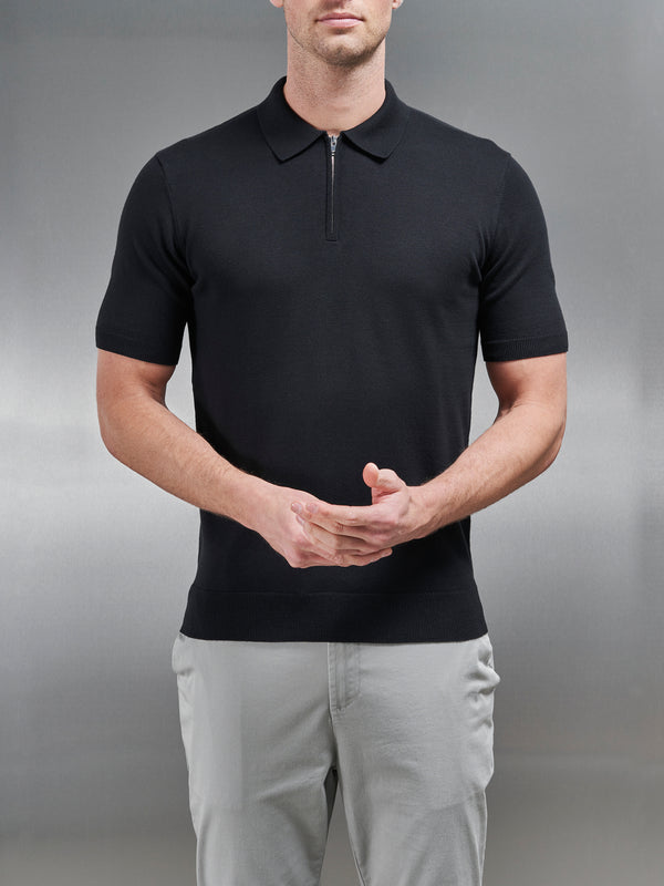 Cotton Knitted Zip Polo Shirt in Black