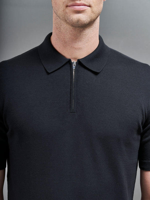 Cotton Knitted Zip Polo Shirt in Black