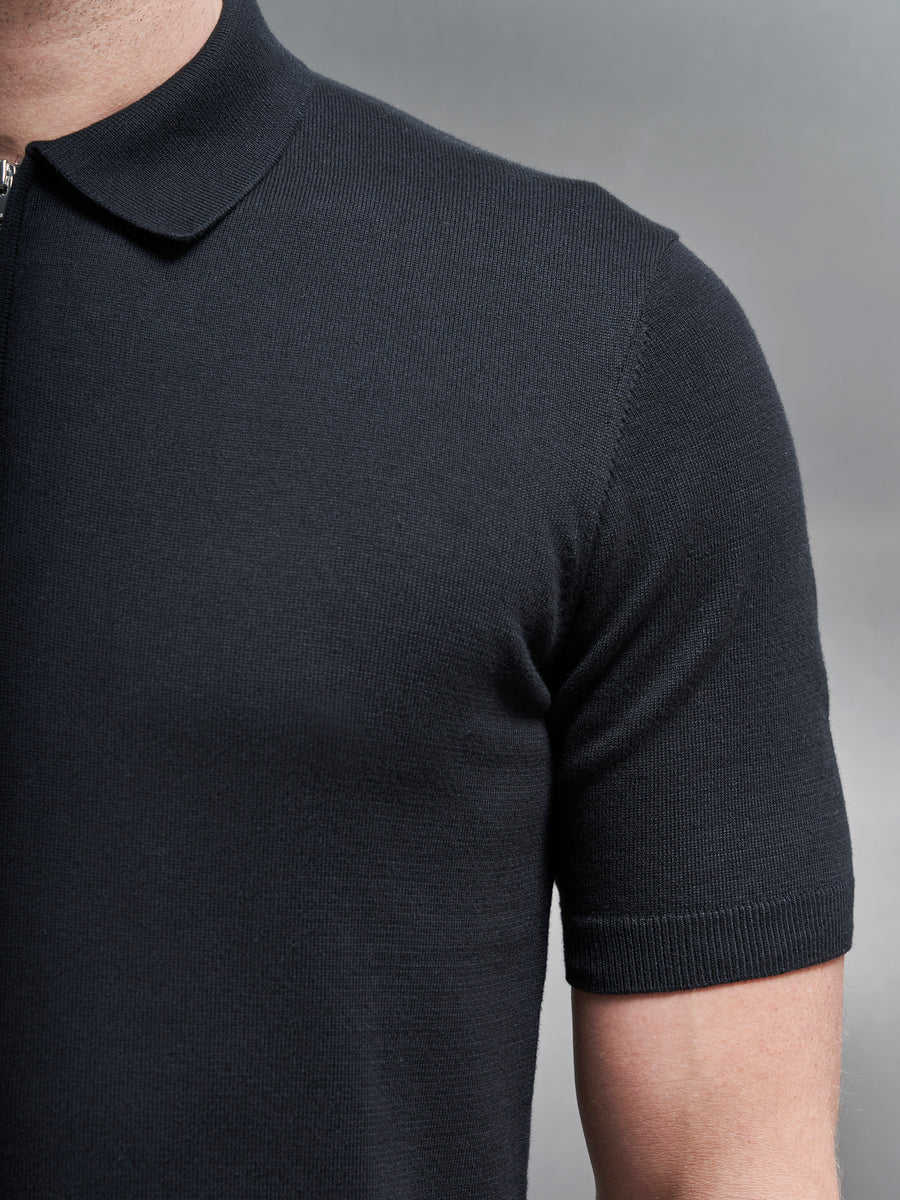 Cotton Knitted Zip Polo Shirt in Black