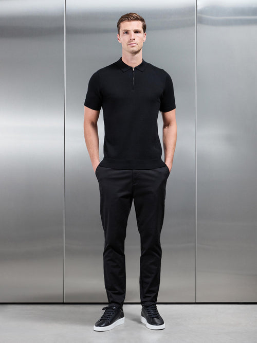Cotton Knitted Zip Polo Shirt in Black