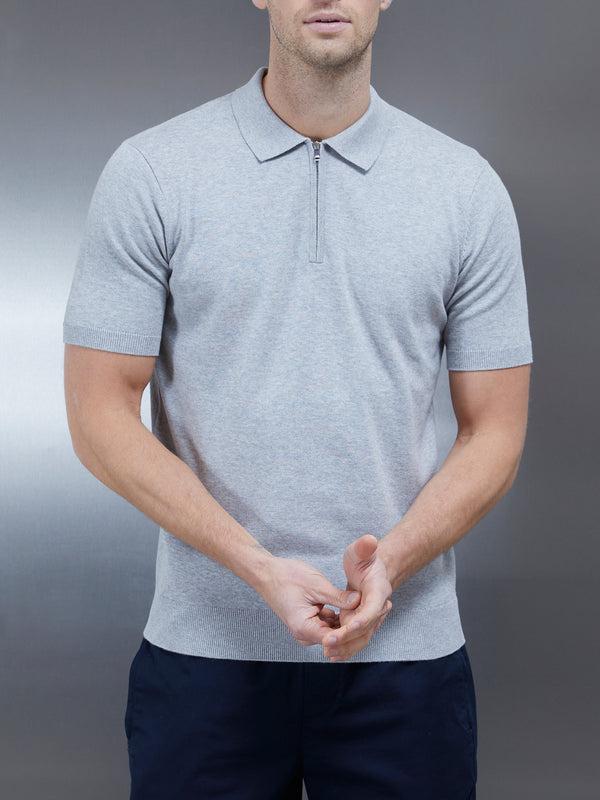 Cotton Knitted Zip Polo Shirt in Marl Grey