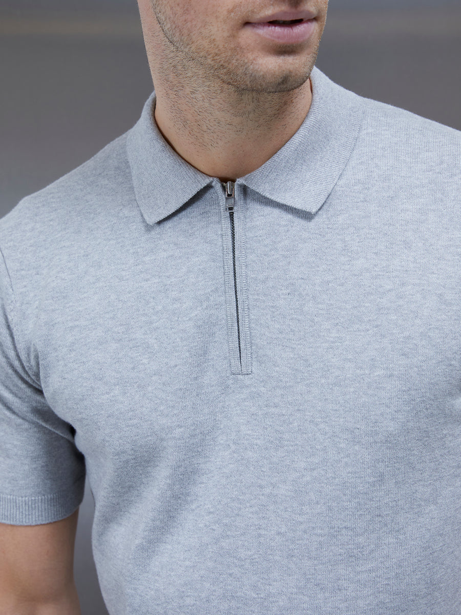 Cotton Knitted Zip Polo Shirt in Marl Grey