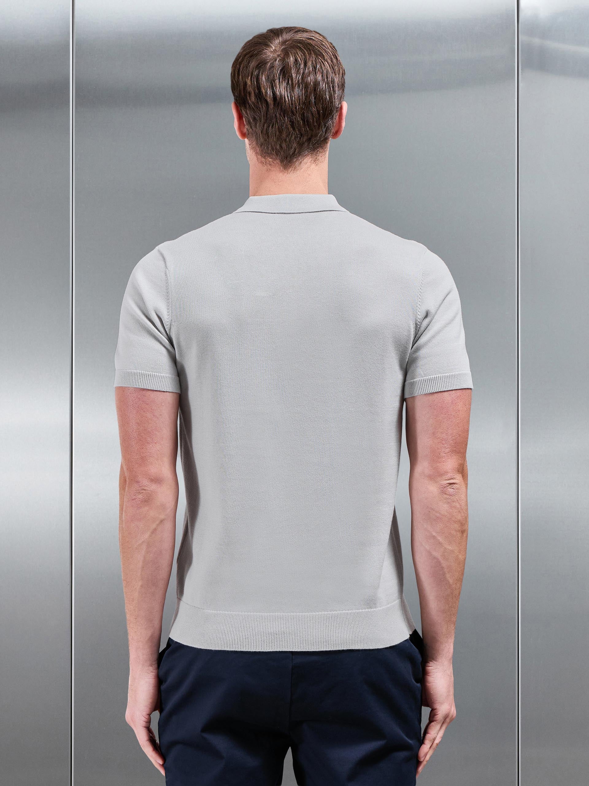 Cotton Knitted Zip Polo Shirt in Mid Grey