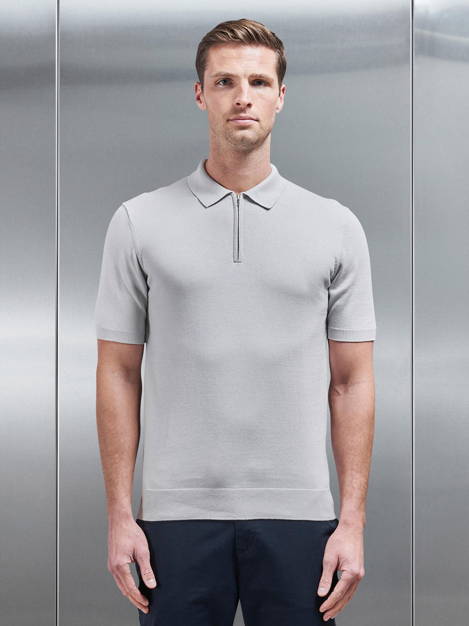 Cotton Knitted Zip Polo Shirt in Mid Grey