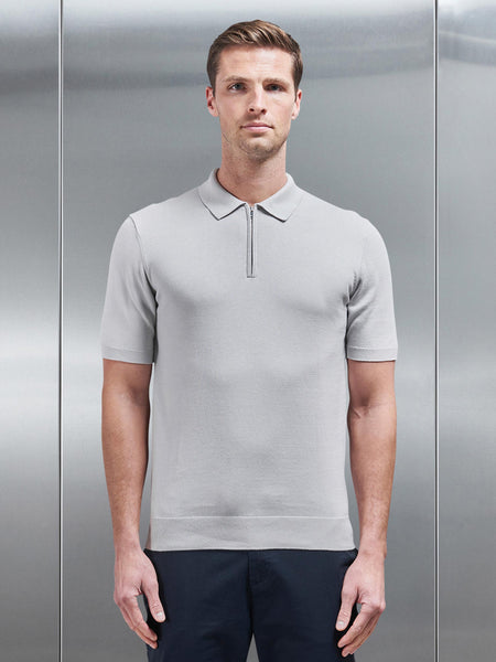 Cotton Knitted Zip Polo Shirt in Mid Grey