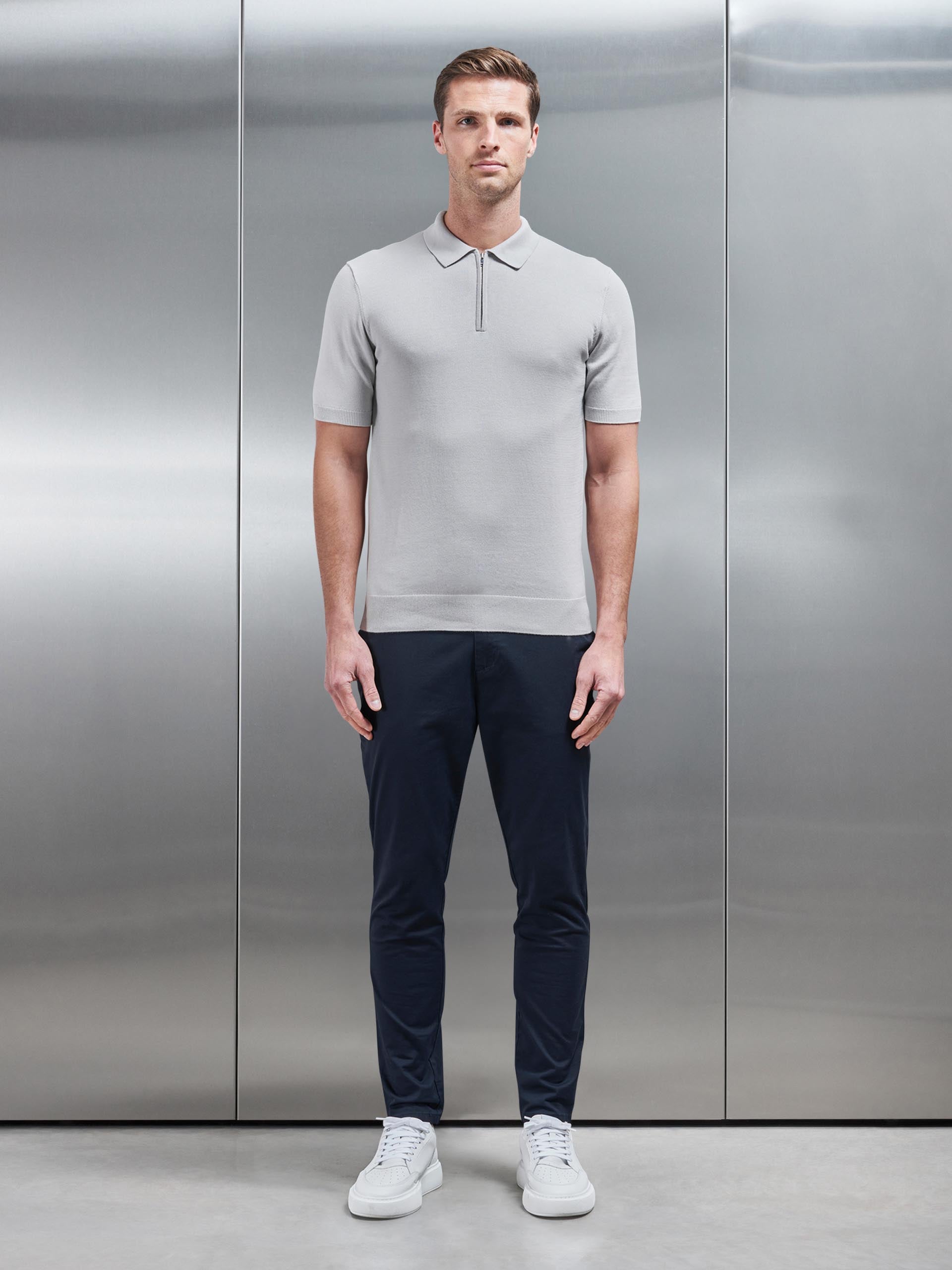 Cotton Knitted Zip Polo Shirt in Mid Grey