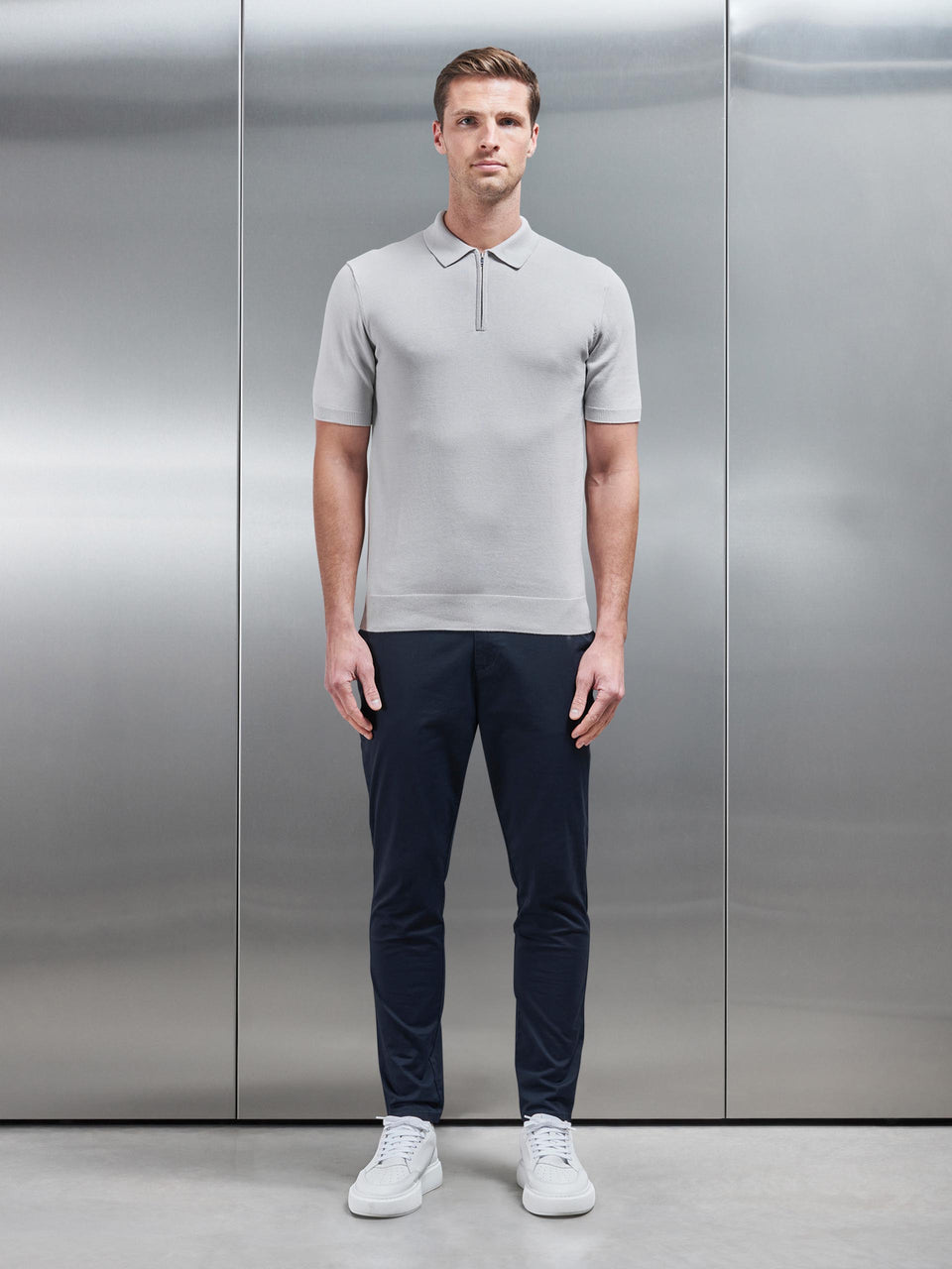 Cotton Knitted Zip Polo Shirt in Mid Grey