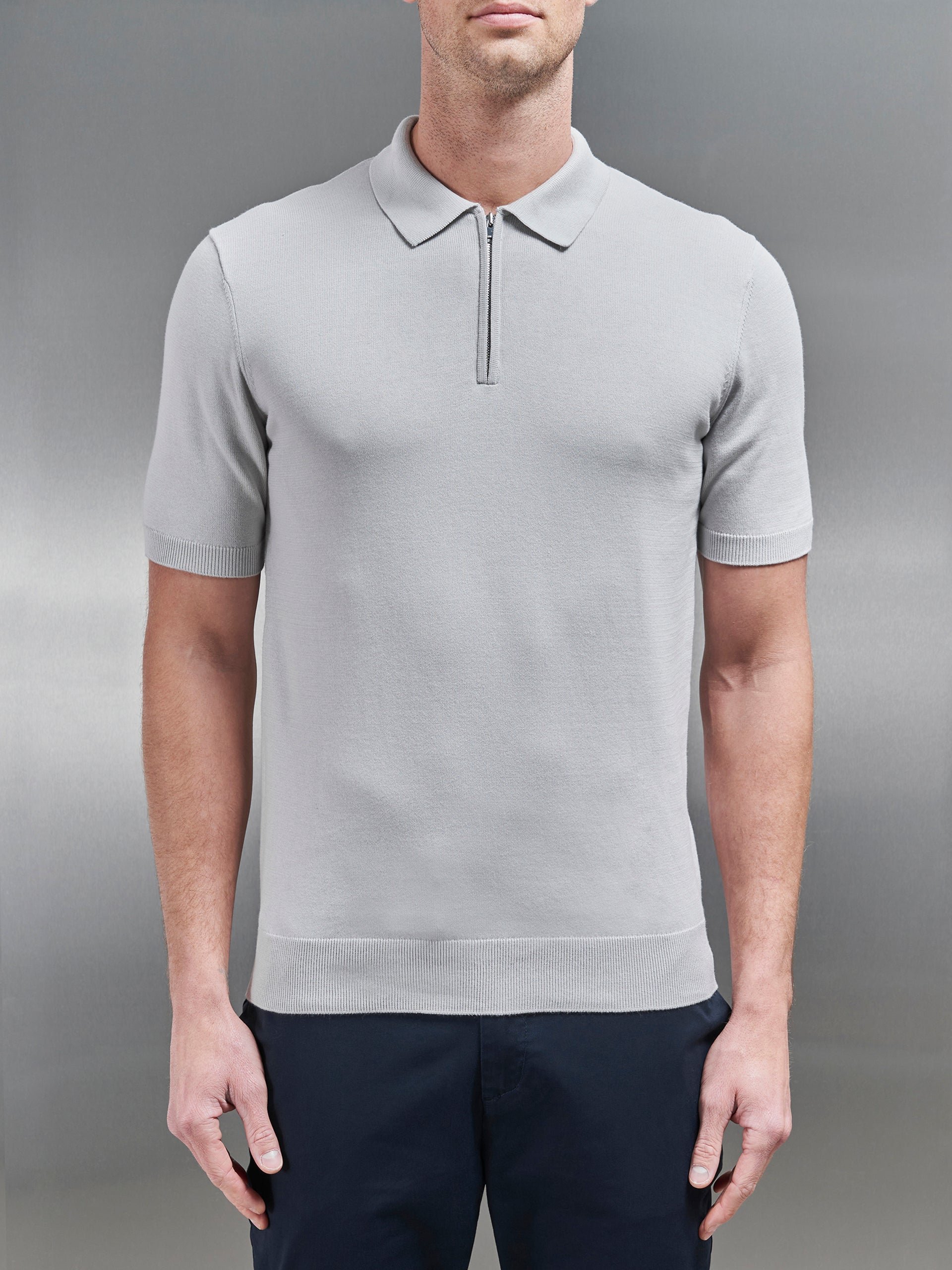 Cotton Knitted Zip Polo Shirt in Mid Grey