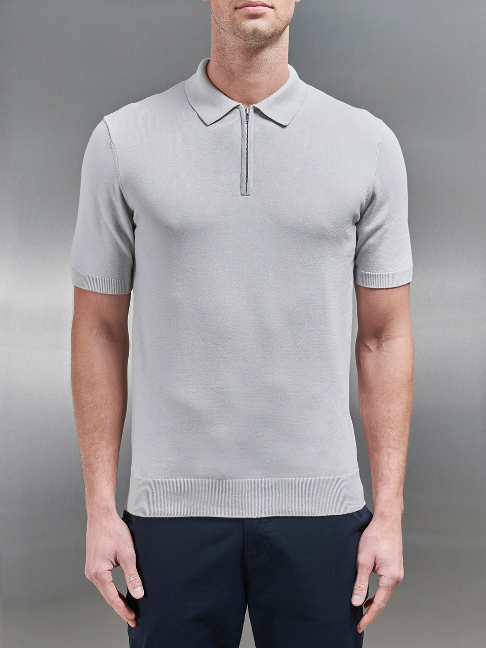 Cotton Knitted Zip Polo Shirt in Mid Grey