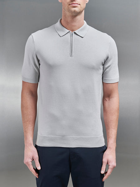 Cotton Knitted Zip Polo Shirt in Mid Grey