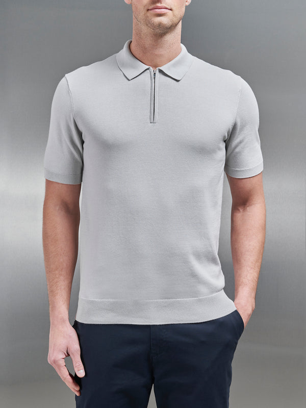 Cotton Knitted Zip Polo Shirt in Mid Grey