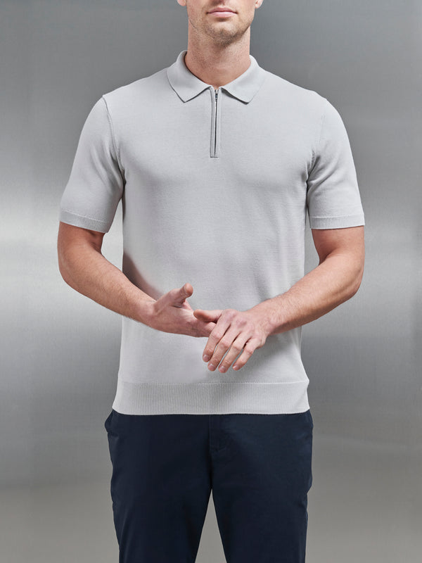 Cotton Knitted Zip Polo Shirt in Mid Grey