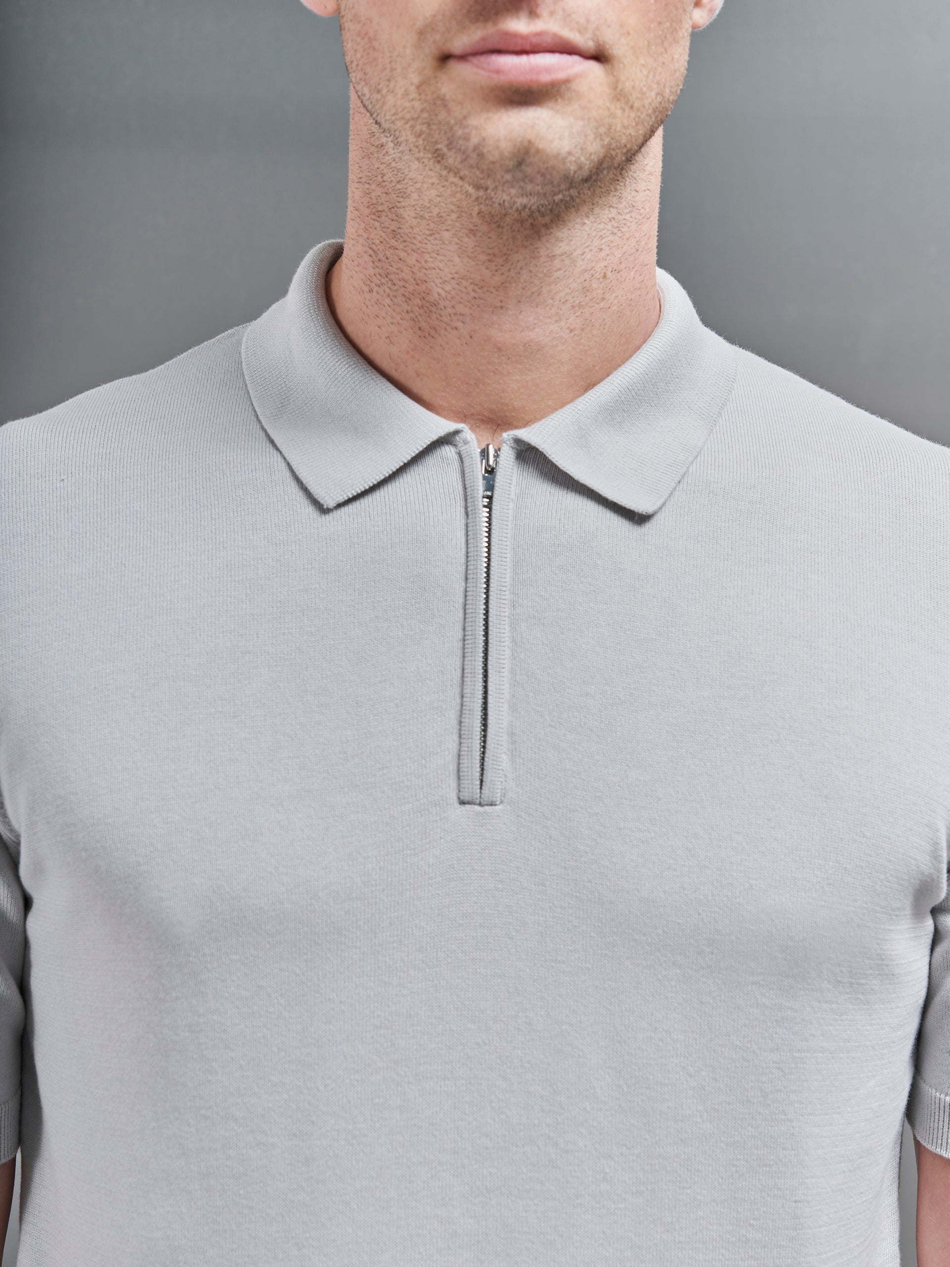 Cotton Knitted Zip Polo Shirt in Mid Grey