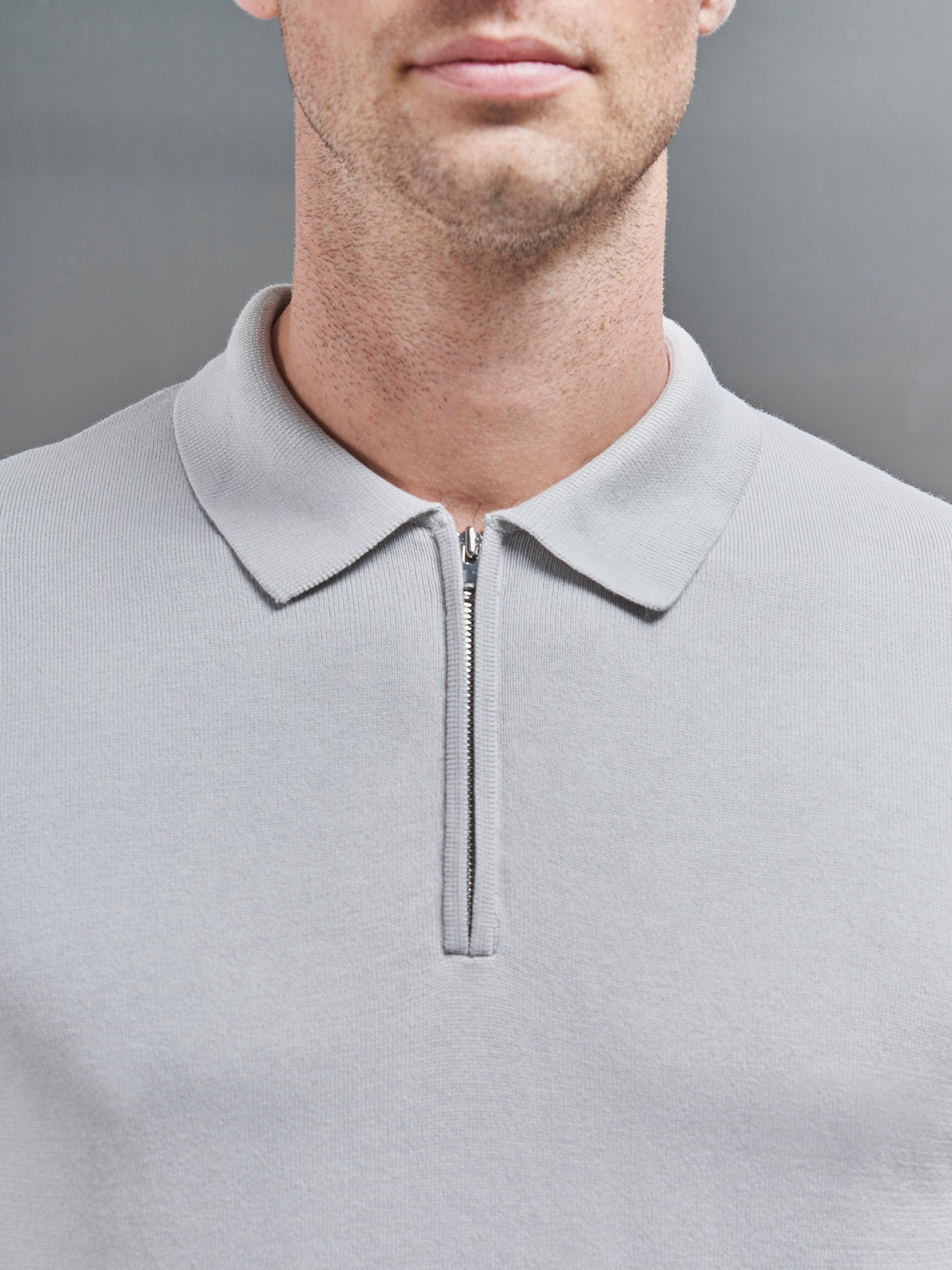 Cotton Knitted Zip Polo Shirt in Mid Grey