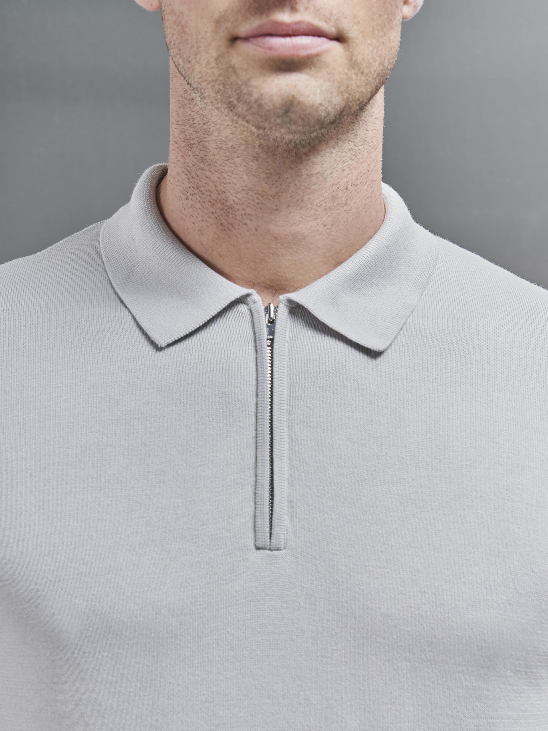 Cotton Knitted Zip Polo Shirt in Mid Grey