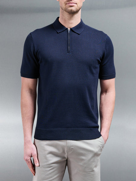 Cotton Knitted Zip Polo Shirt in Navy