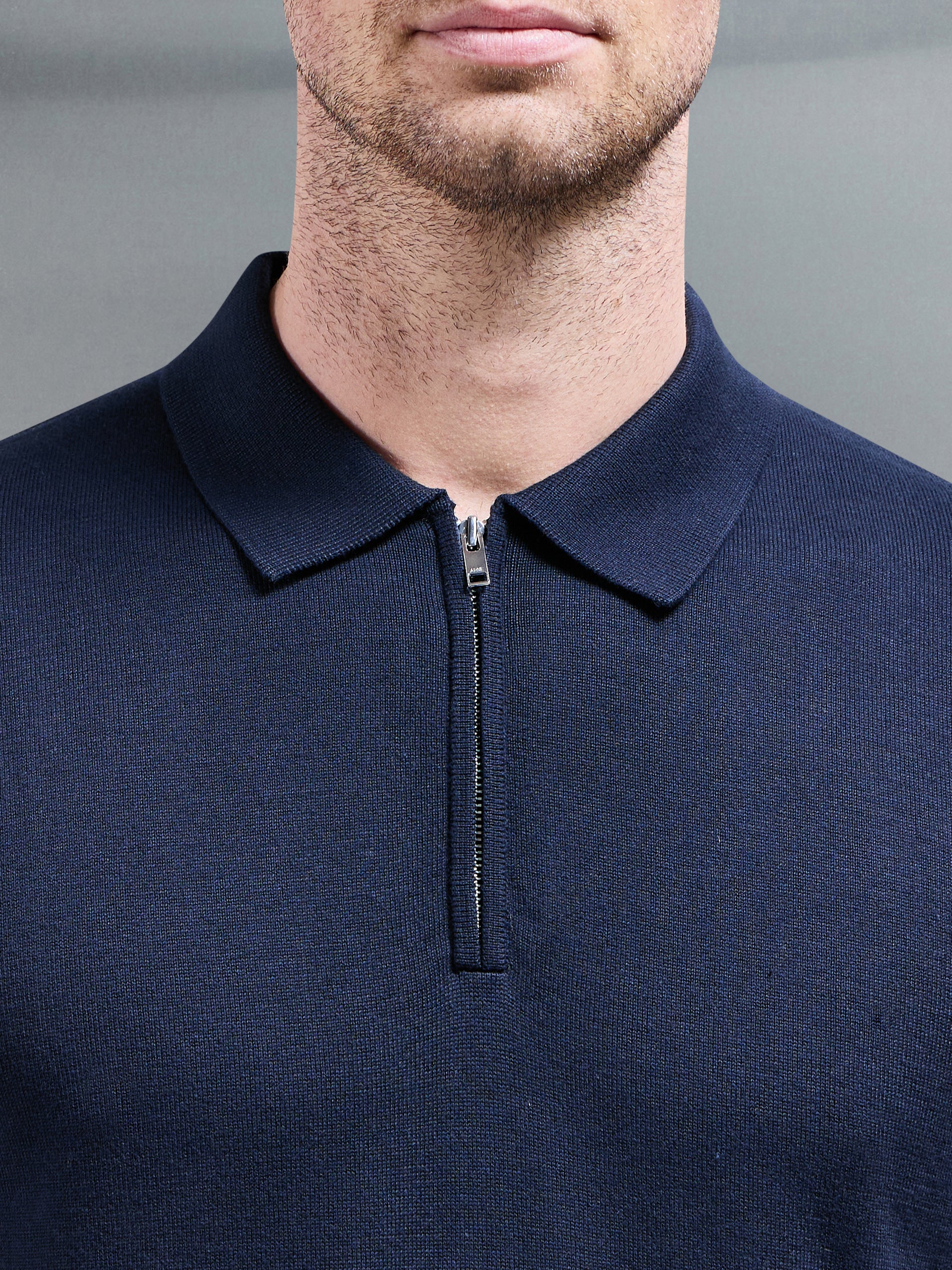 Cotton Knitted Zip Polo Shirt in Navy