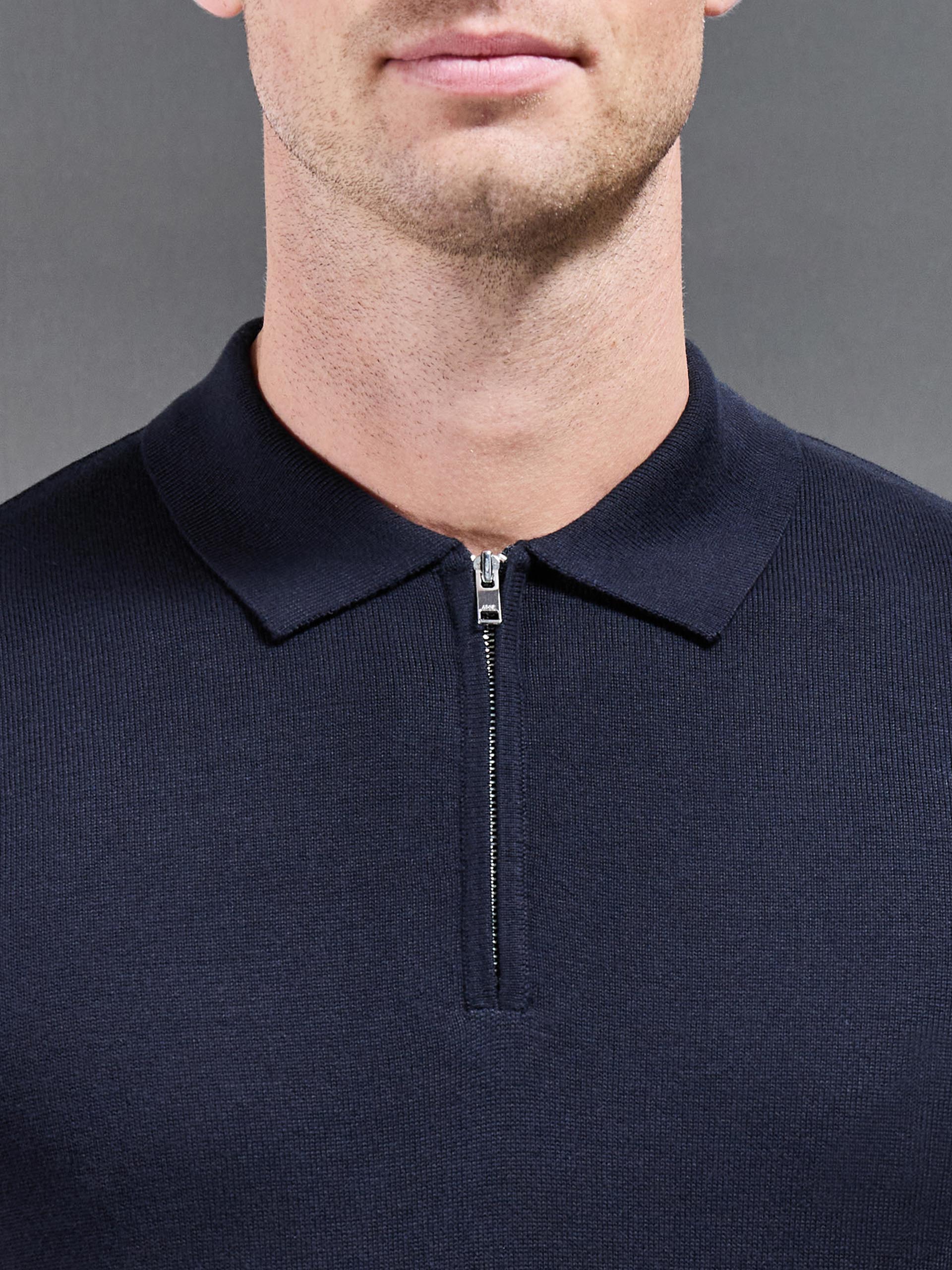 Cotton Knitted Zip Polo Shirt in Navy