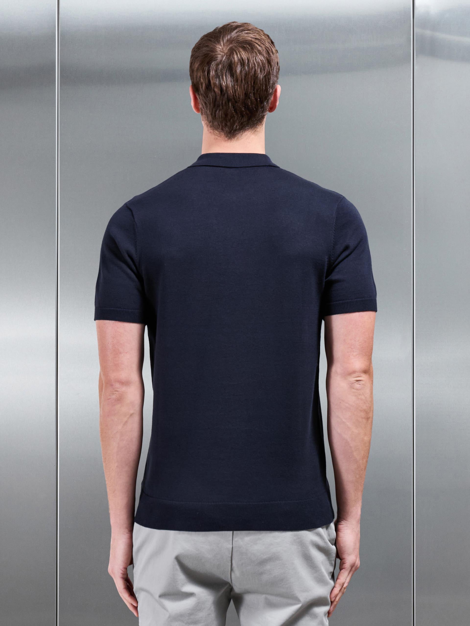 Cotton Knitted Zip Polo Shirt in Navy