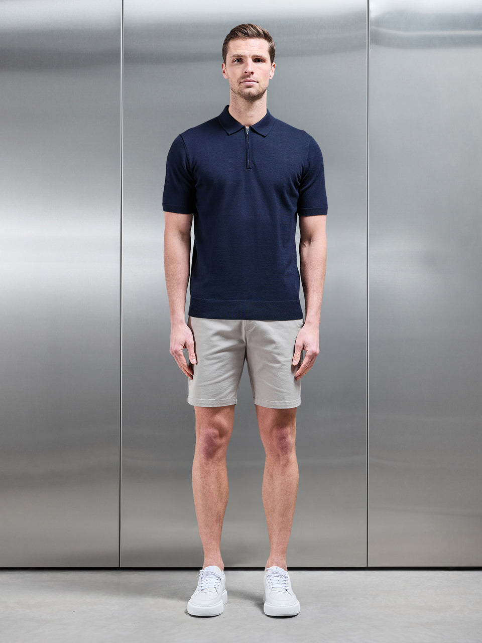 Cotton Knitted Zip Polo Shirt in Navy