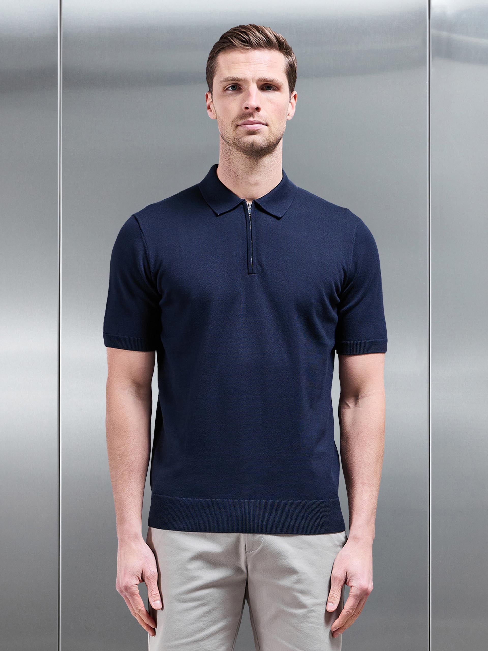 Cotton Knitted Zip Polo Shirt in Navy