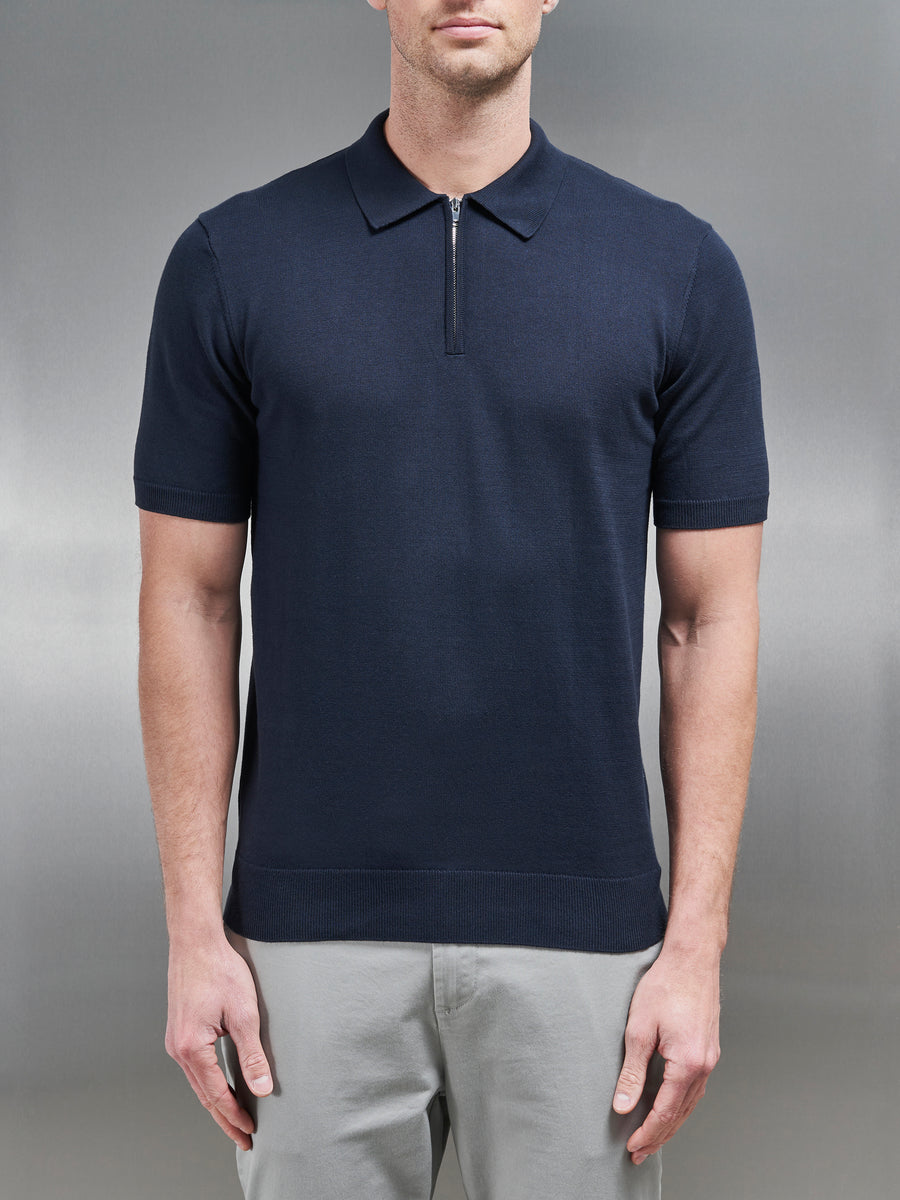 Cotton Knitted Zip Polo Shirt in Navy