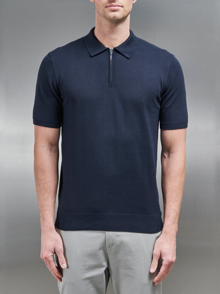 Cotton Knitted Zip Polo Shirt in Navy