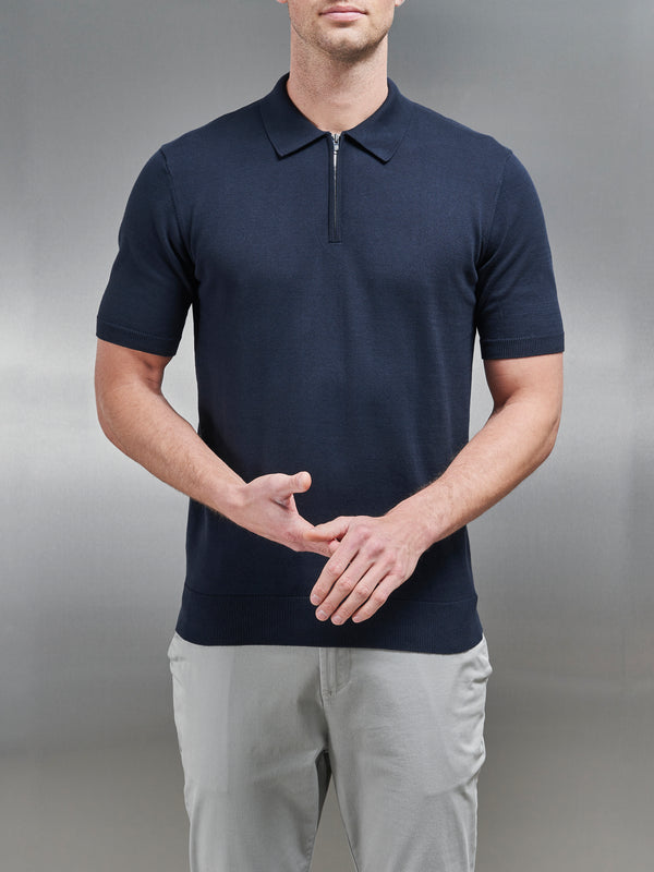 Cotton Knitted Zip Polo Shirt in Navy