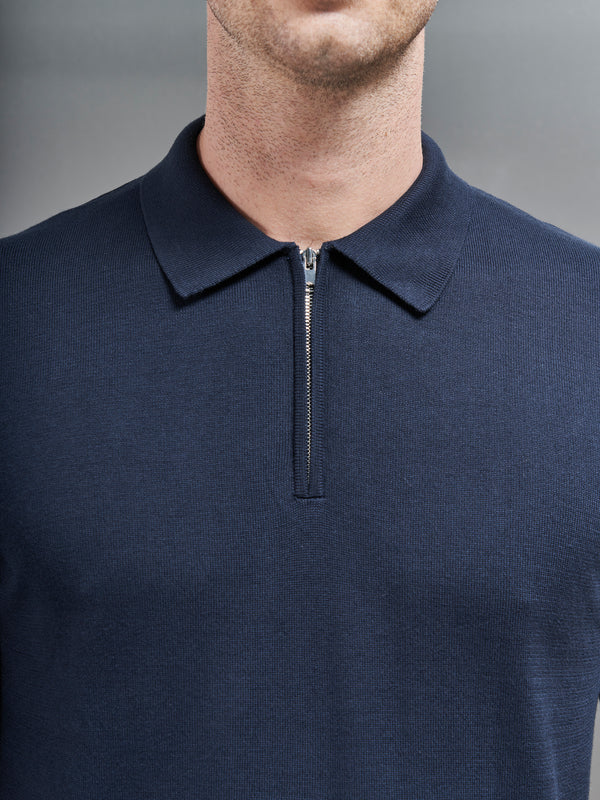 Cotton Knitted Zip Polo Shirt in Navy