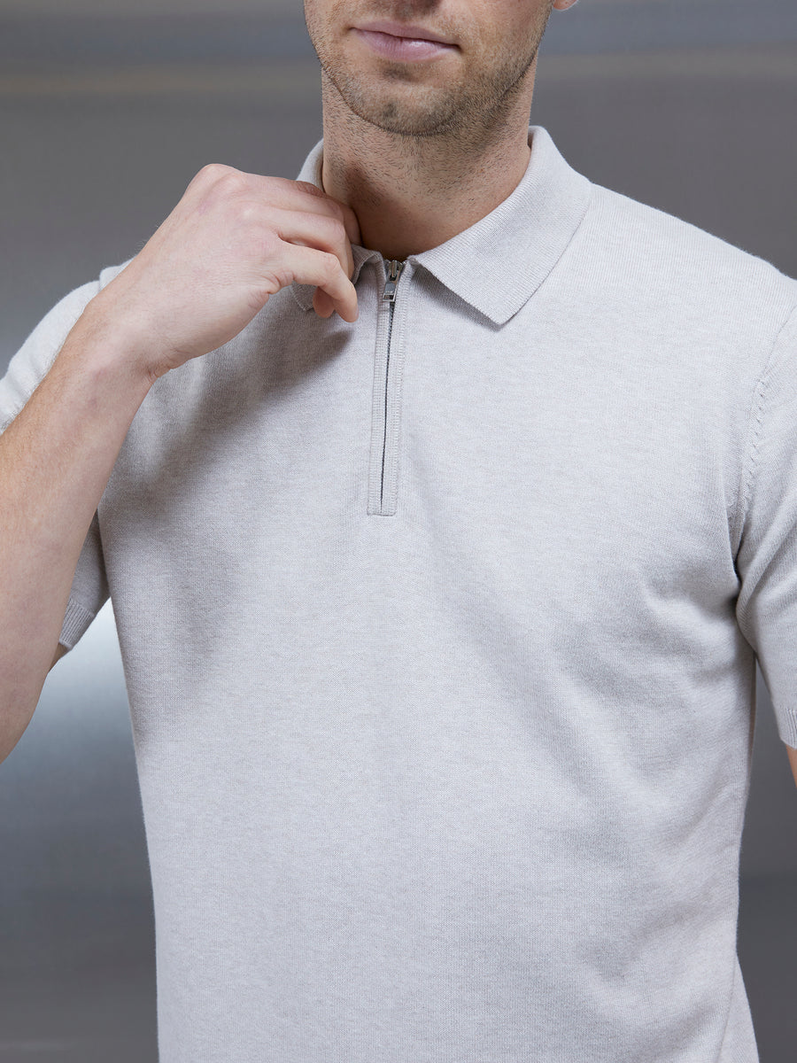 Cotton Knitted Zip Polo Shirt in Oatmeal