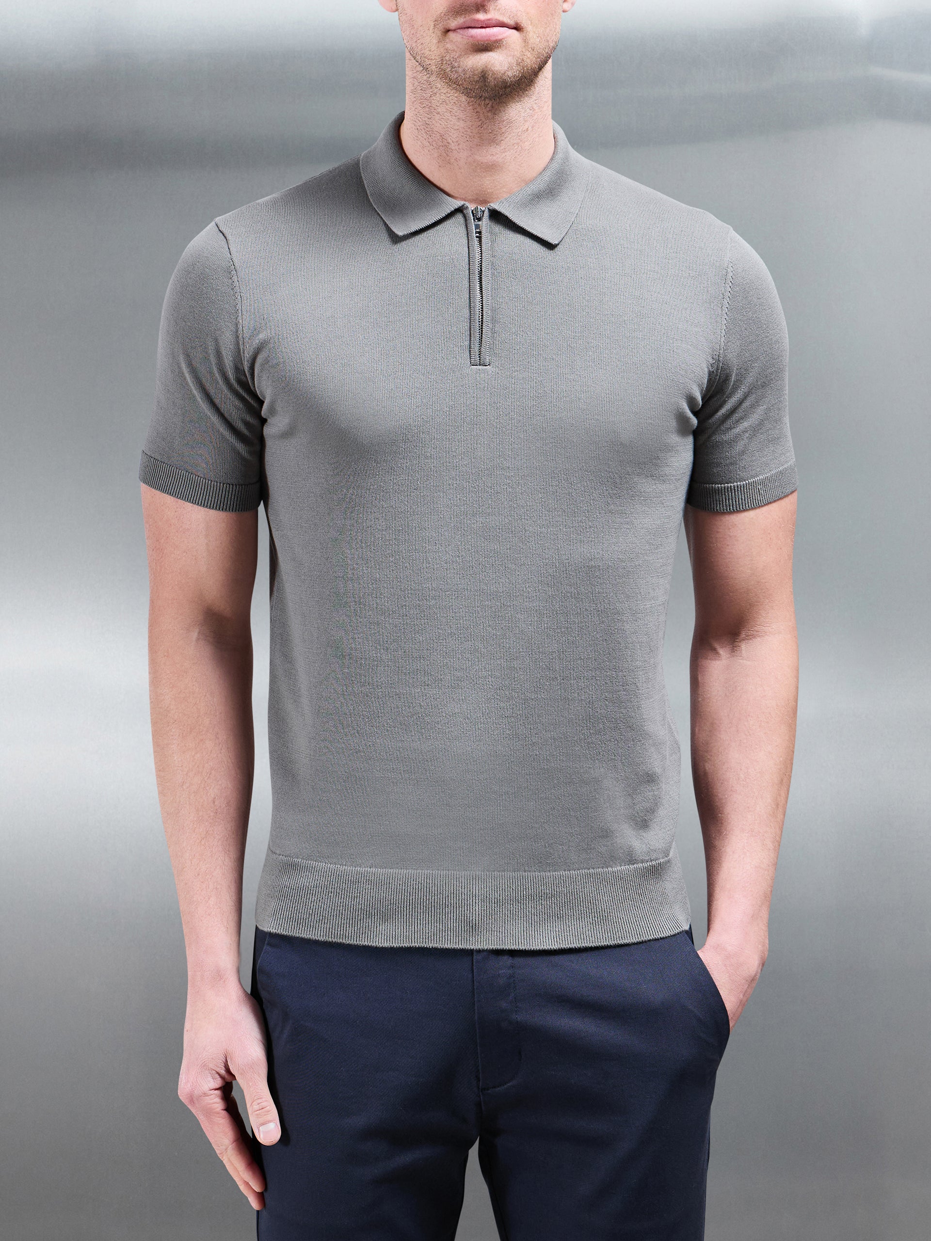 Cotton Knitted Zip Polo Shirt in Sage