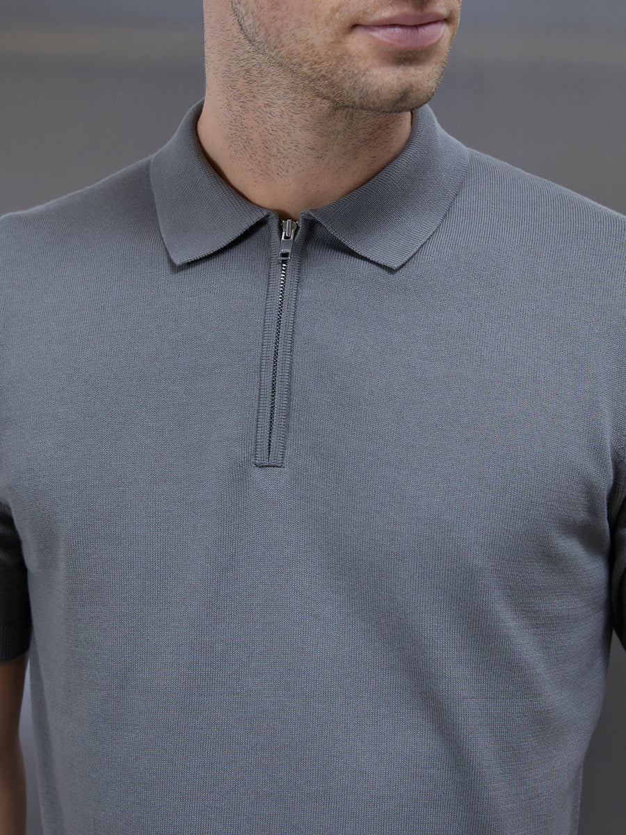 Cotton Knitted Zip Polo Shirt in Sage