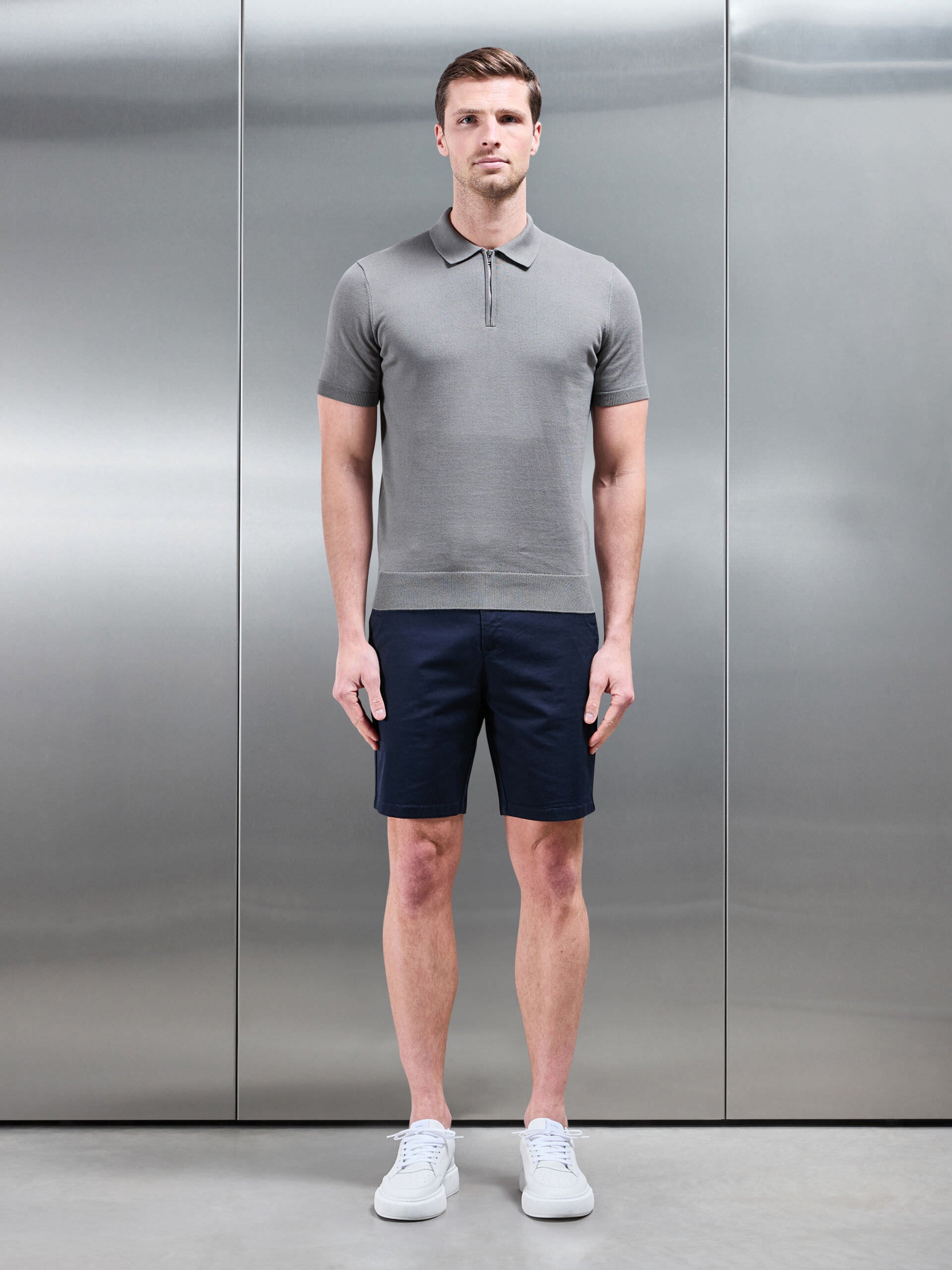 Cotton Knitted Zip Polo Shirt in Sage