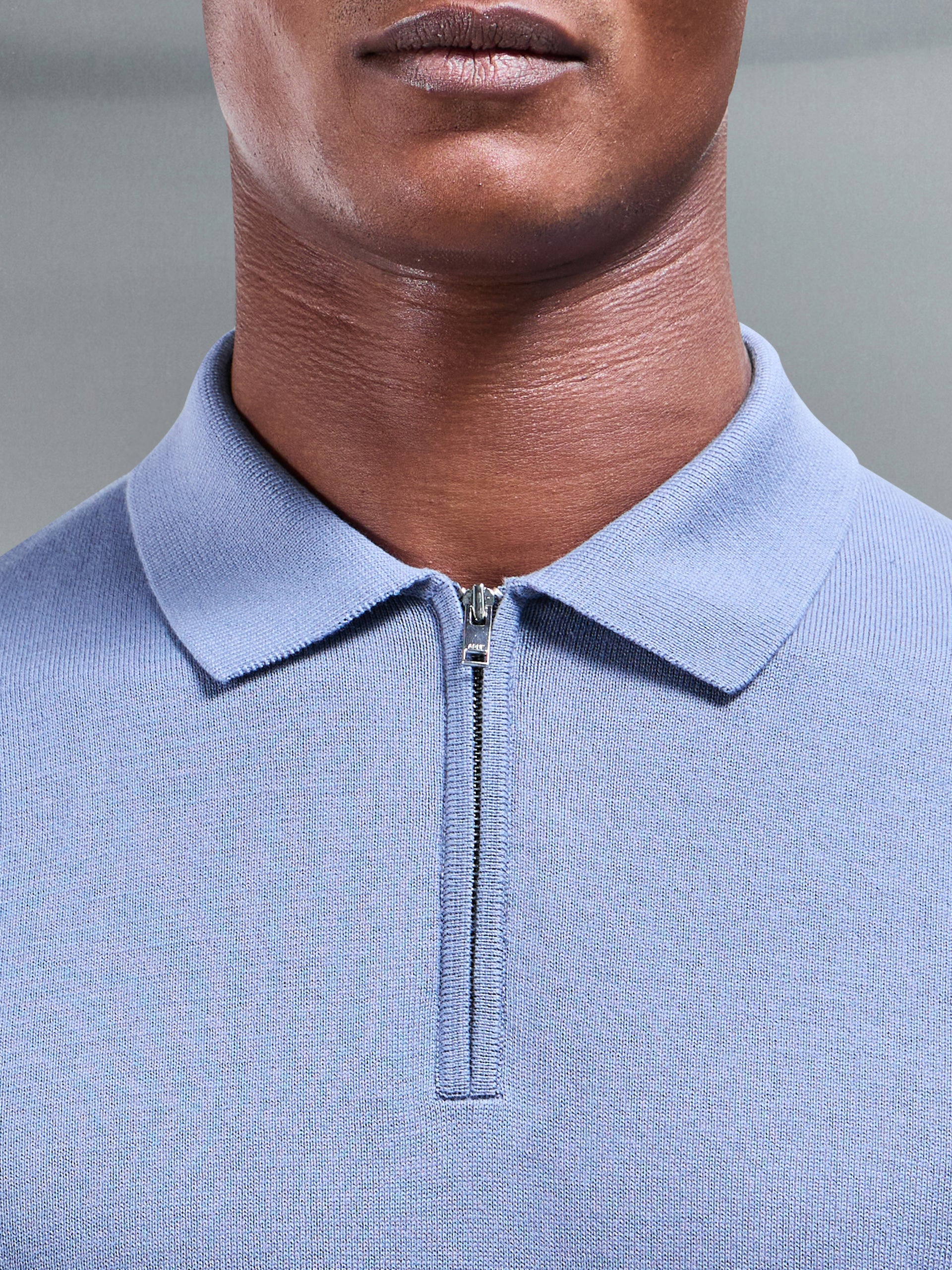 Cotton Knitted Zip Polo Shirt in Silk Blue