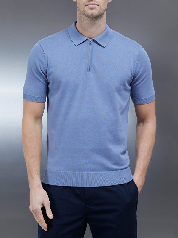 Cotton Knitted Zip Polo Shirt in Silk Blue