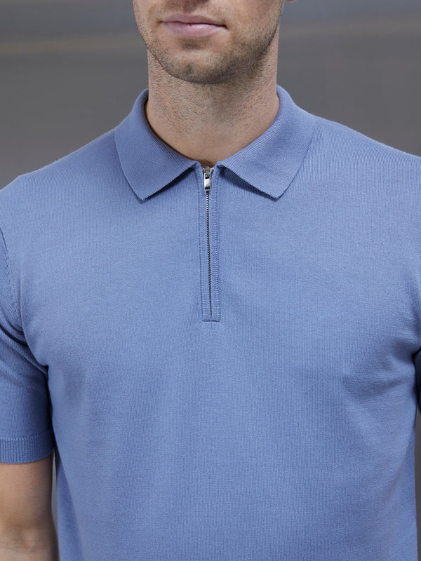 Cotton Knitted Zip Polo Shirt in Silk Blue