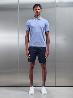 Cotton Knitted Zip Polo Shirt in Silk Blue